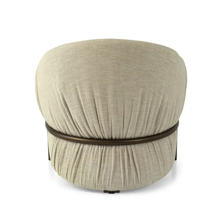 Superior Borzalino Sidney armchair crafted in textured neutral beige textile with dark-toned metal accenting vertical pleating