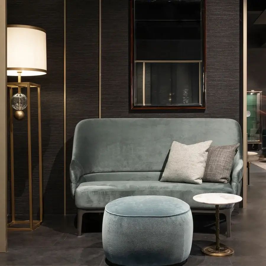 Exceptional Zanaboni Kore sofa handcrafted in Italy with plush matte textile upholstery and gently curved form