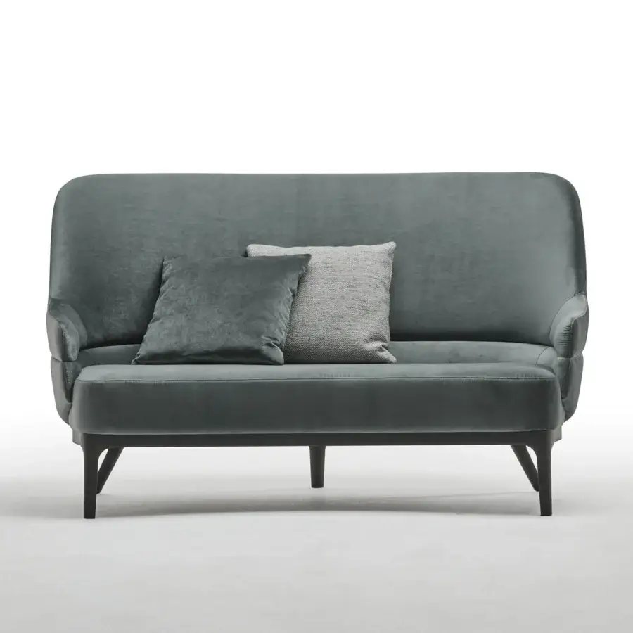 Superior Zanaboni Kore sofa handcrafted in Italy with enveloping form and textured grayish-green textile upholstery