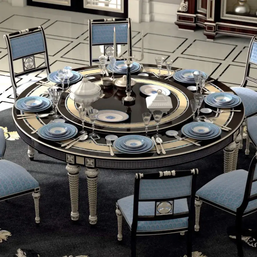 Distinguished Armando Rho 1353 table crafted in ebony amara, maple, and black mother-of-pearl with integrated silver details and glossy dark finish