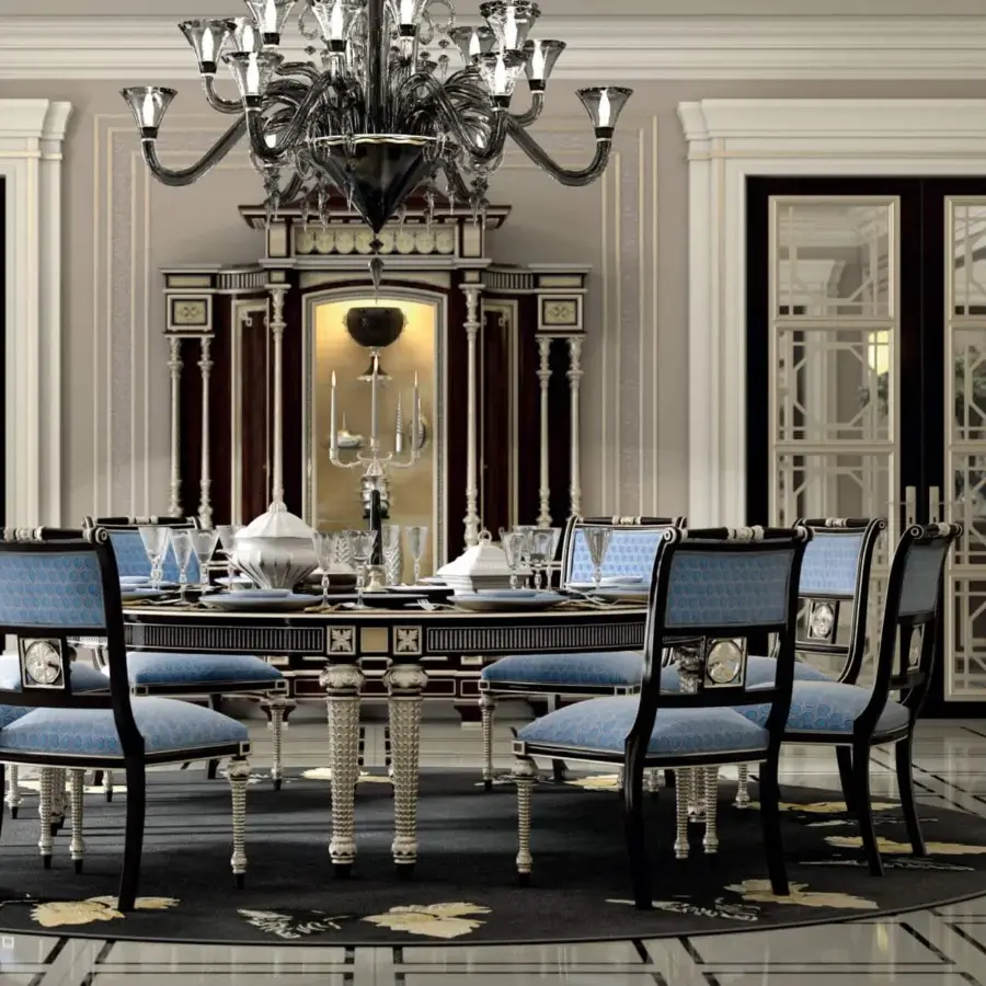 Exquisite Armando Rho 1353 table crafted in ebony amara, maple, and black mother-of-pearl with silver details and glossy finish