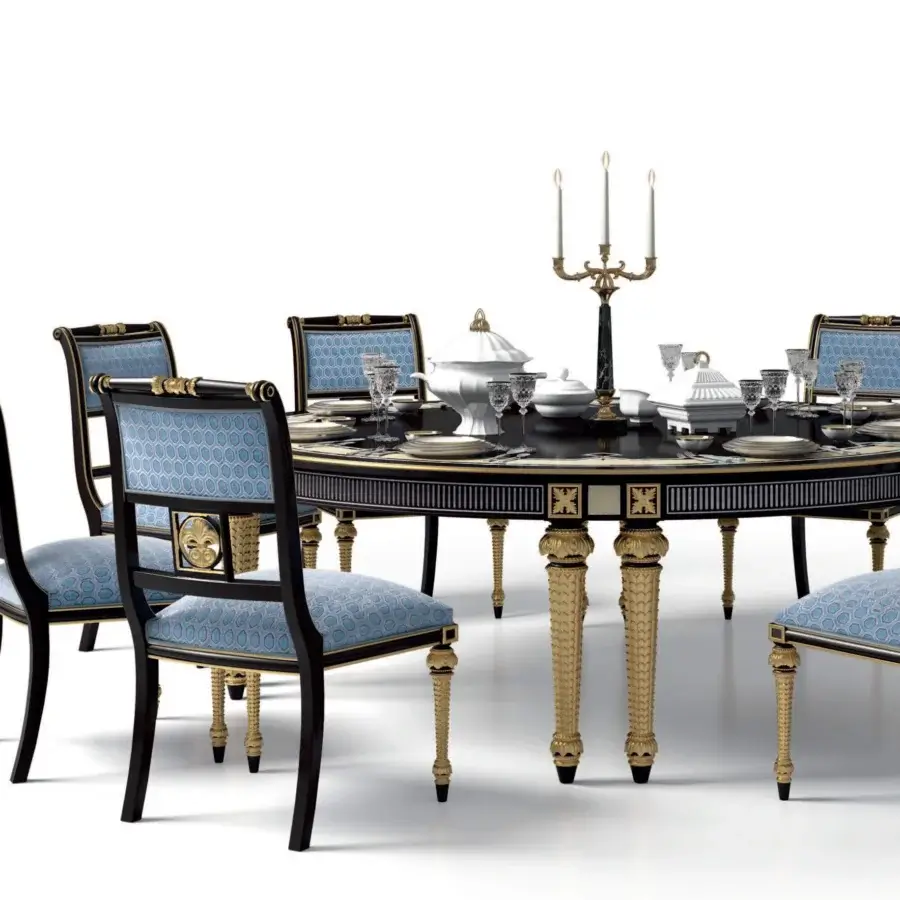 Superior Armando Rho 1353 table crafted in ebony amara, maple, and black mother-of-pearl with gold detailing and glossy finish