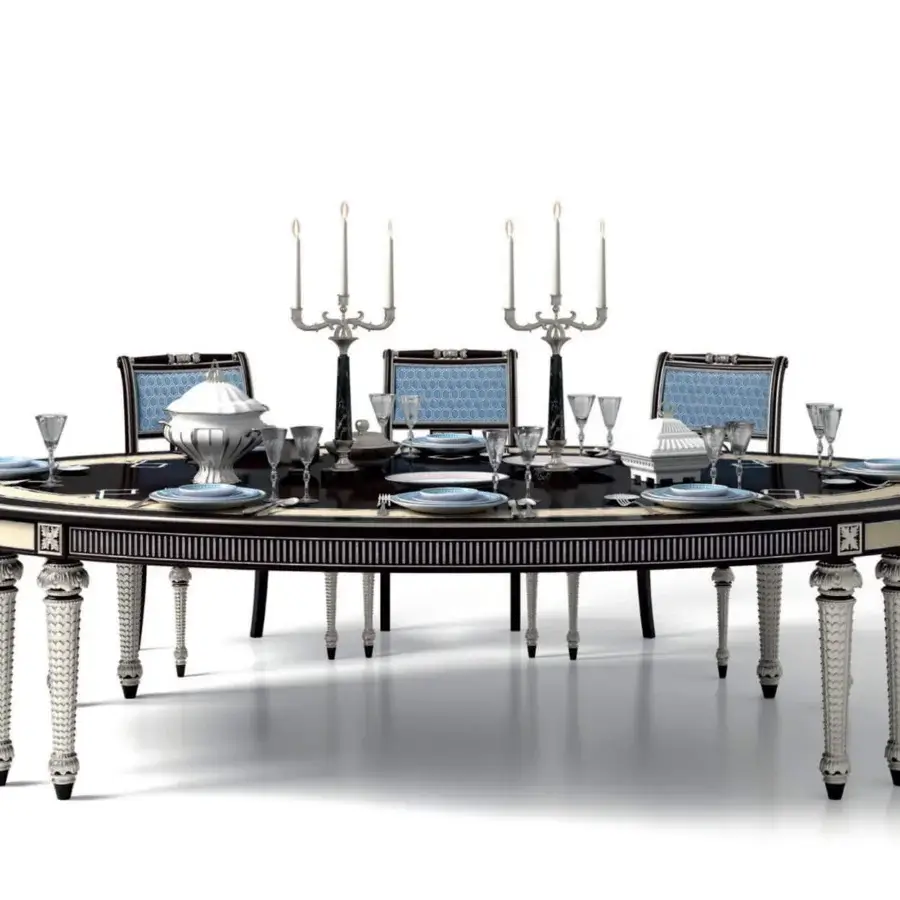 Lavish Armando Rho 1353 table crafted in ebony amara, maple, and black mother-of-pearl with glossy finish and silver detailing