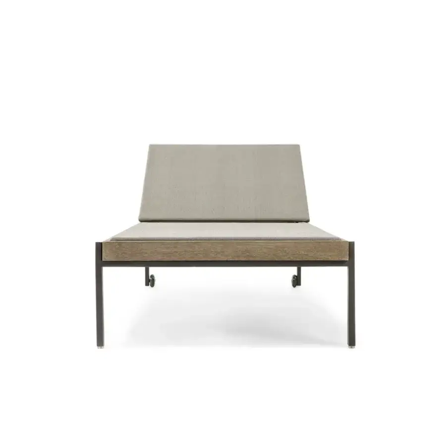 Exceptional Ethimo Allaperto lounger crafted with light brown textured material and matte dark gray metal frame with a light gray textile cushion