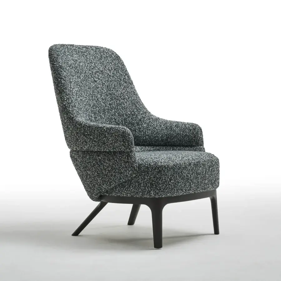 Superior Zanaboni Kore lounge chair with speckled gray and white textile upholstery and dark-toned metal base