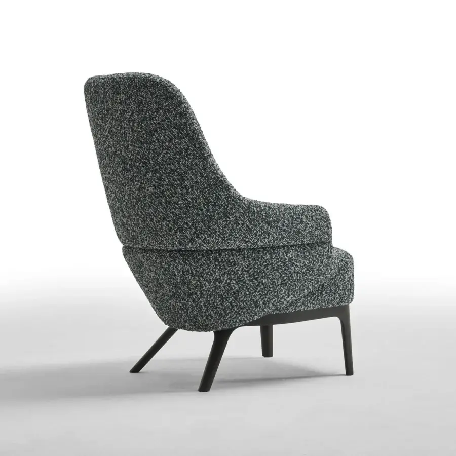 Exceptional Zanaboni Kore lounge chair with dark gray speckled textile upholstery and satin finished solid wooden base