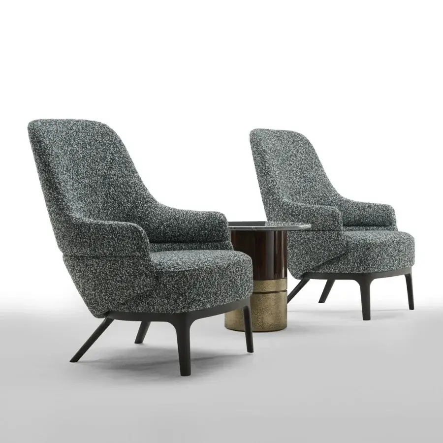 Meticulous Zanaboni Kore lounge chair with dark gray speckled textile upholstery and solid wooden base