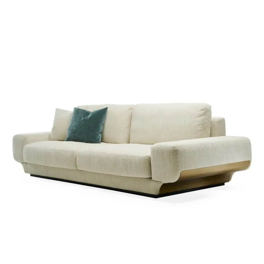 Exclusive Zanaboni Milo sofa with creamy textile upholstery and dark metallic band detailing