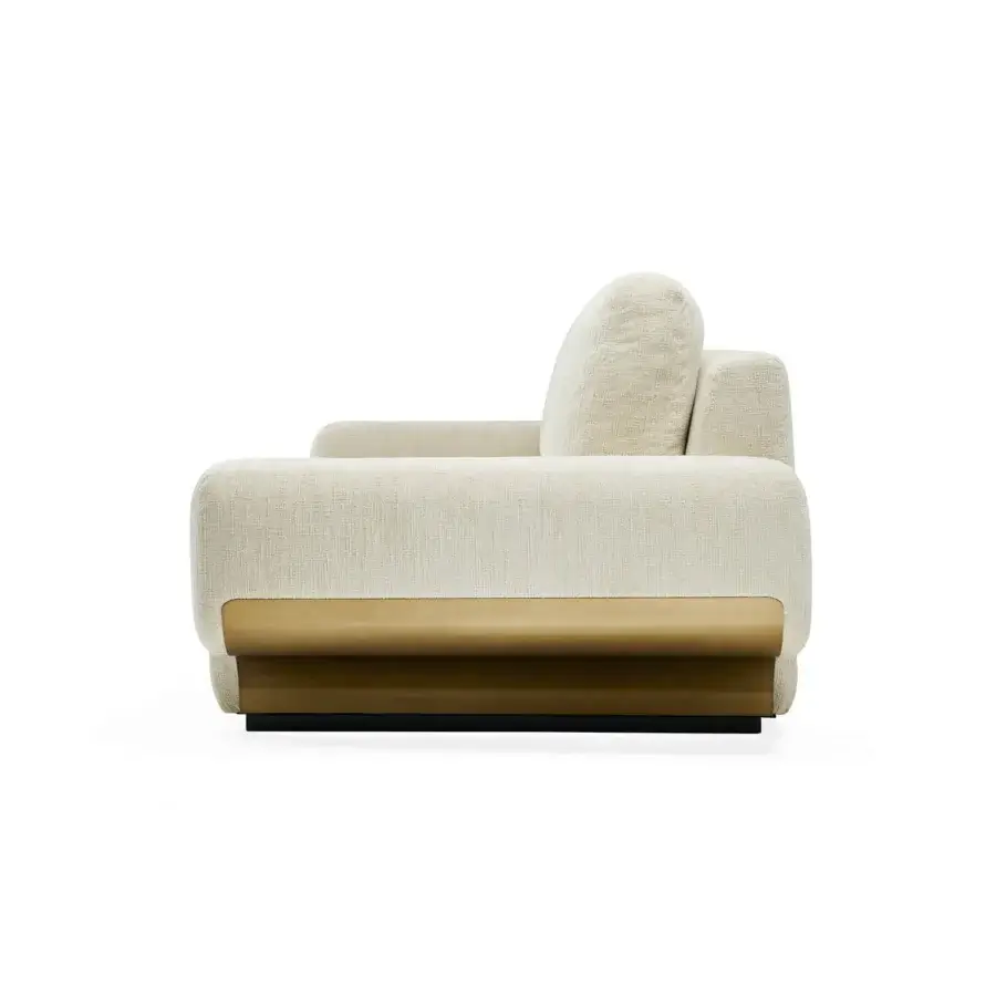 Distinguished Zanaboni Milo sofa with light beige textured textile upholstery and satin-finish metal band foundation