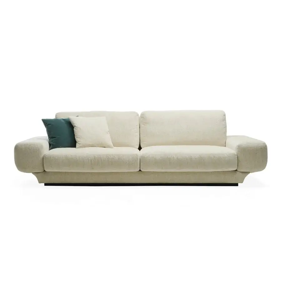 Captivating Zanaboni Milo sofa with woven textile upholstery in off-white and included cushions in dark teal and neutral tones