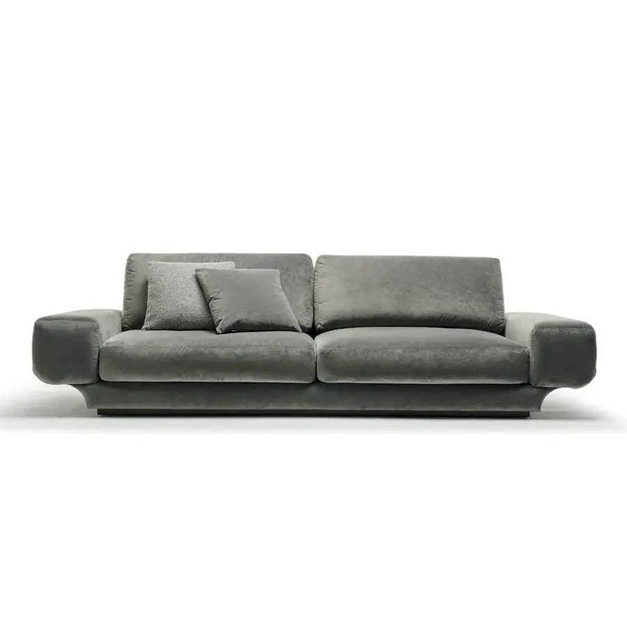 Distinctive Zanaboni Milo sofa with muted gray textured textile upholstery and aluminum detail wrapping armrests