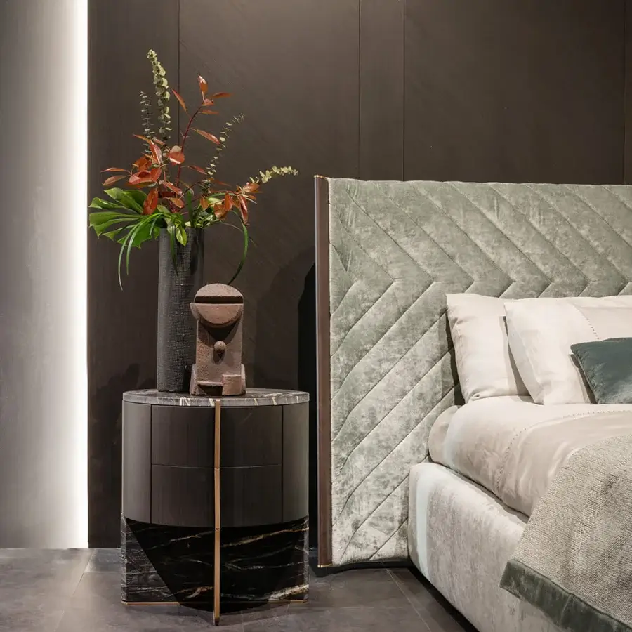 Architectural Zanaboni Adam nightstand with striped gray wood and precious marble, built with a cloudy gold frame