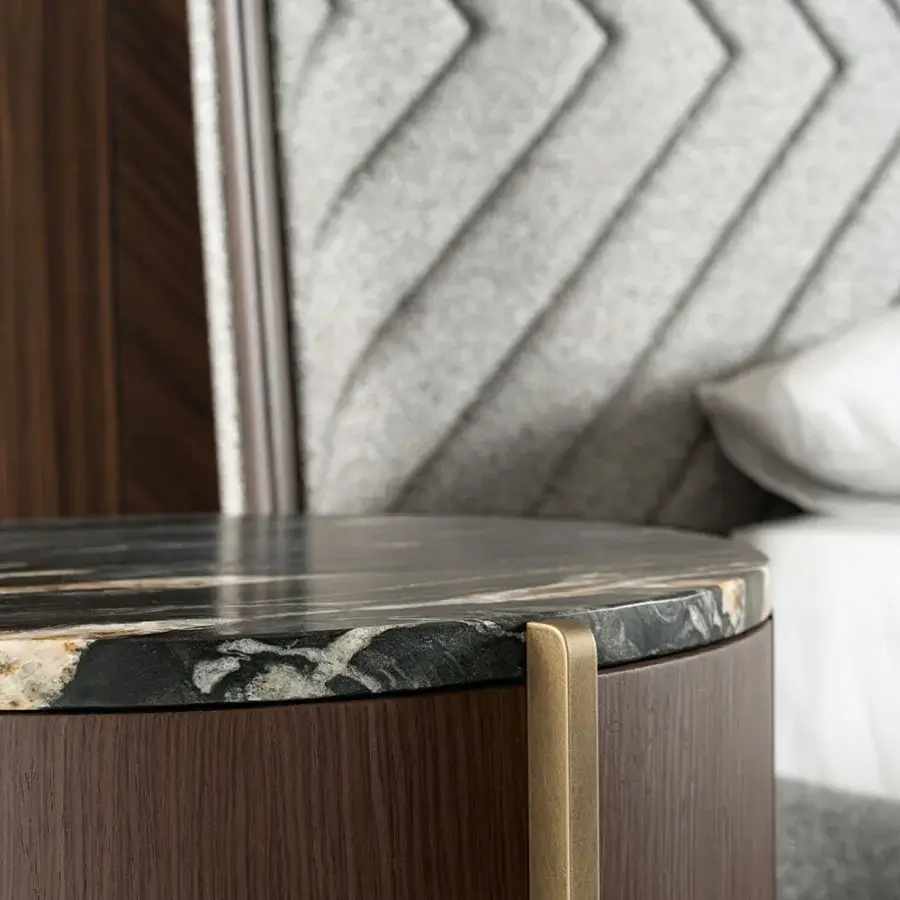 Distinguished Zanaboni Adam nightstand with striped gray wood, cool marble and luxurious cloudy gold accents