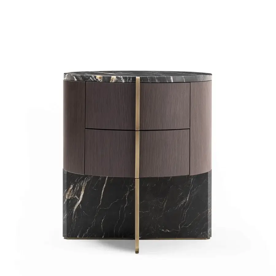 Exceptional Zanaboni Adam nightstand crafted in striped gray wood with cool marble and gilded detailing