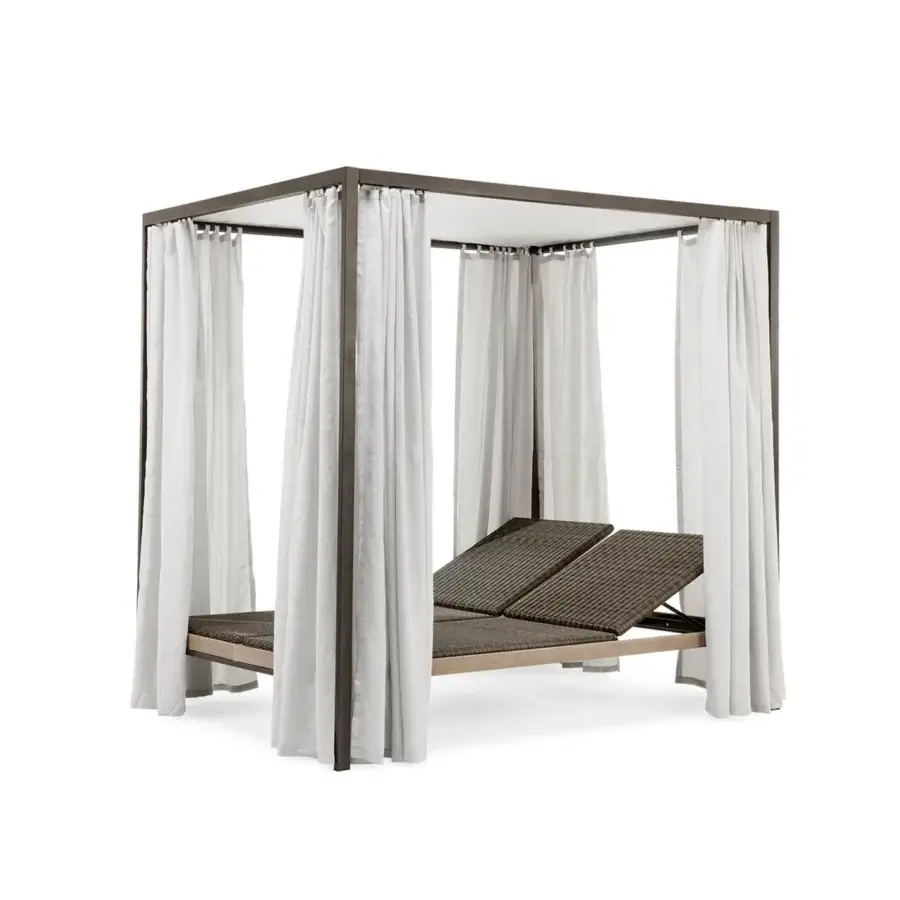 Distinguished Ethimo Allaperto daybed crafted with dark gray metal and teak, featuring woven light brown upholstery with flowing white curtains