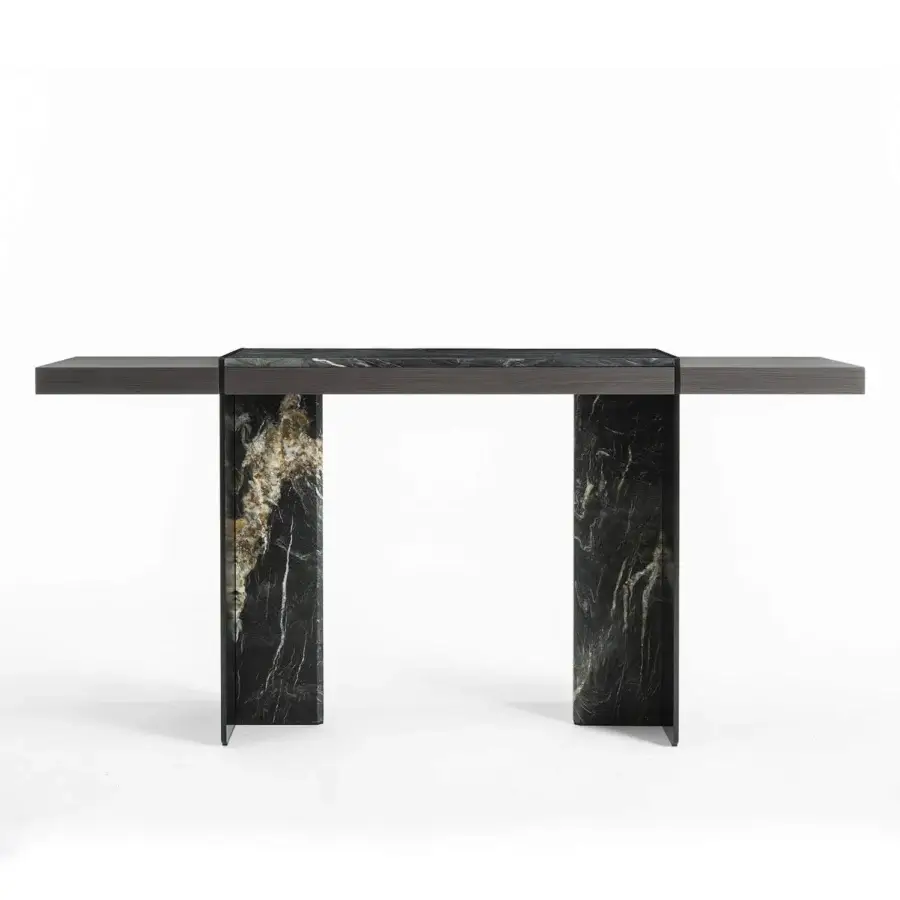 Superior Zanaboni Adam console crafted in dark-toned wood with polished dark veined stone legs and matte finish