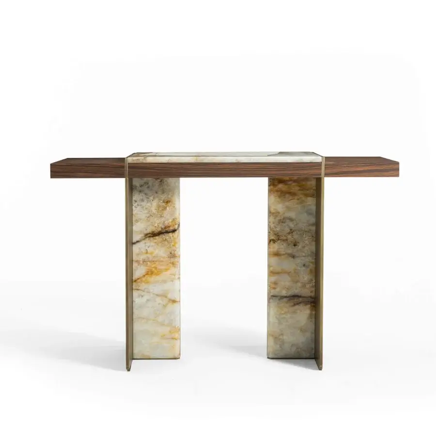 Elegant Zanaboni Adam console crafted in dark-stained wood with amber marble inset and satin brass-toned metal frames