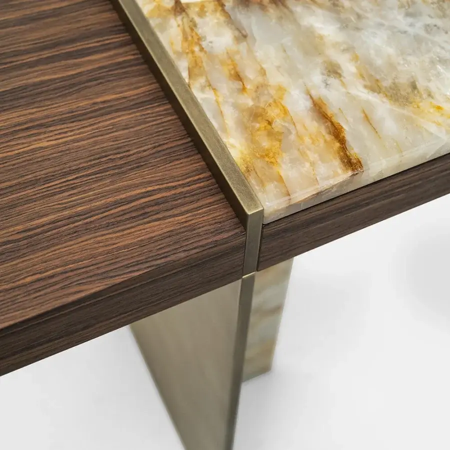 Exceptional Zanaboni Adam console built in dark striated wood with creamy white stone and brass accents with satin finish