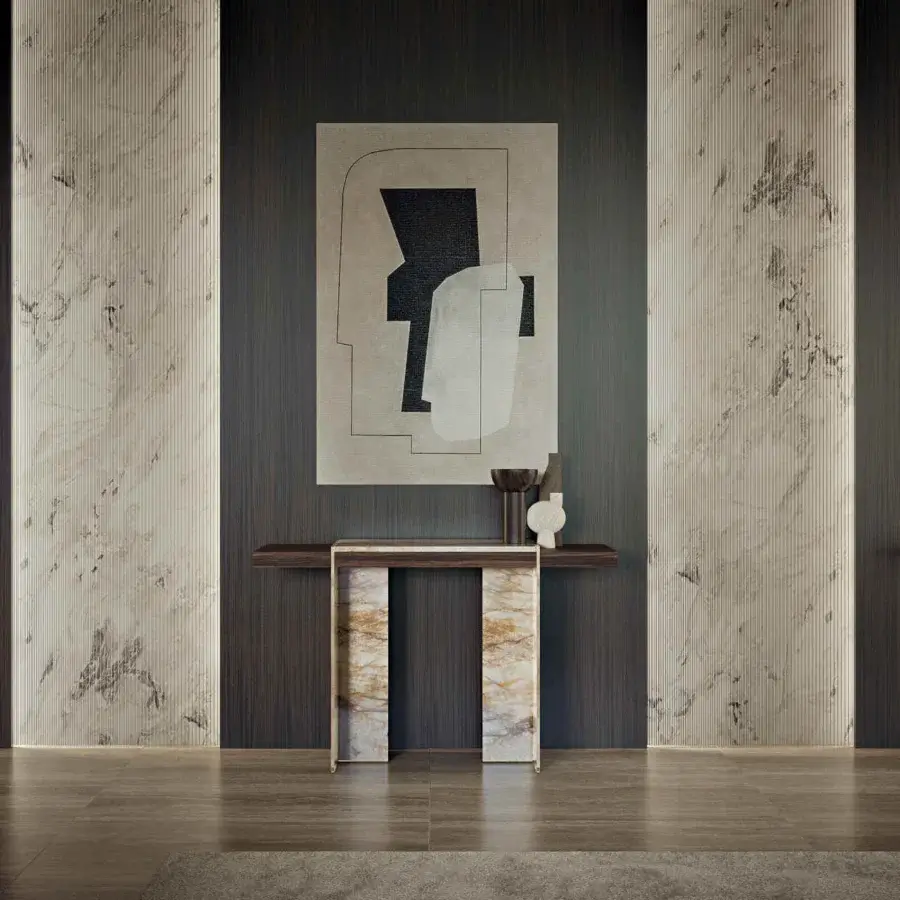 Superior Zanaboni Adam console built in dark wood with polished marble displaying grey and beige veining and satin finish