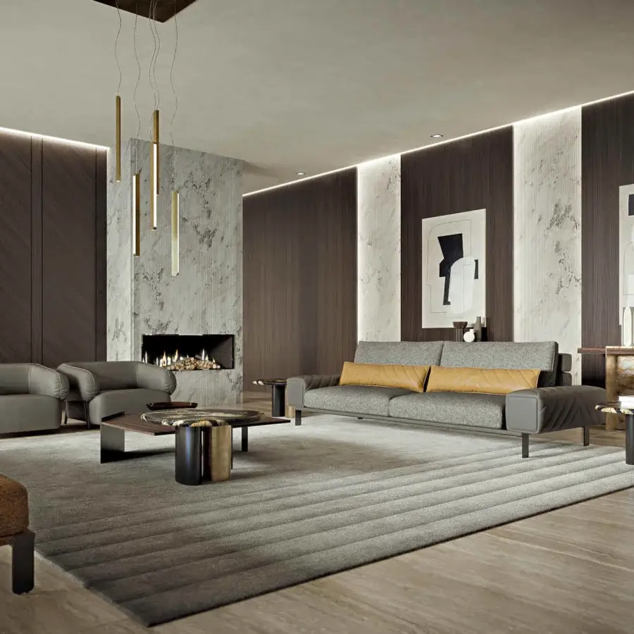 Elegant Zanaboni Adam console crafted in dark satin wood with polished grey and gold veined marble tabletop and brushed gold metal legs