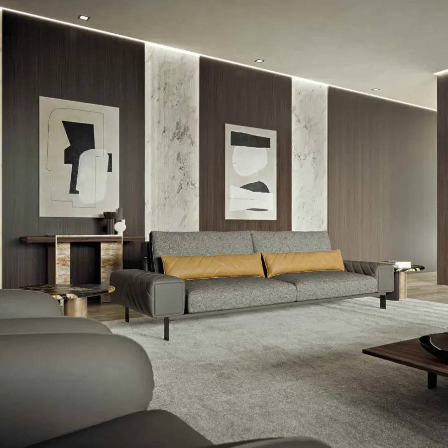 Distinguished Zanaboni Adam console crafted in dark satin wood with light grey and white veined marble insert