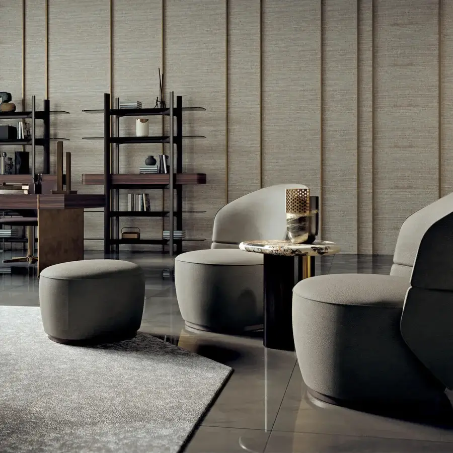 Distinguished Zanaboni Alma lounge chair with textured gray textile upholstery and gray-stained ash wood base