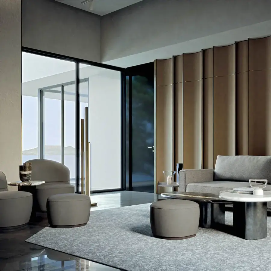 Exceptional Zanaboni Alma lounge chair with muted gray textile upholstery and gray-stained ash wood base crafted in Italy