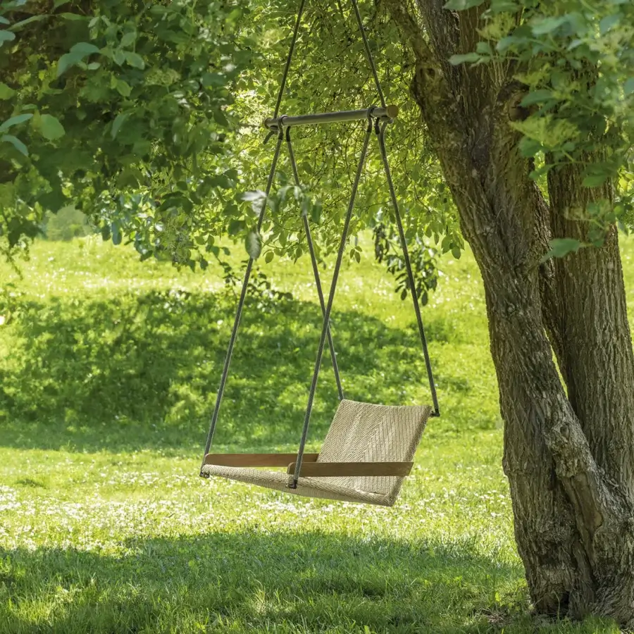 Architectural Ethimo Allaperto Swing with light beige woven textile and natural matte wood finish