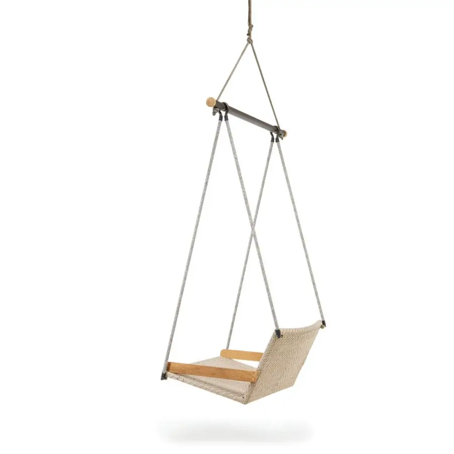 Superior Ethimo Allaperto Swing chair with light beige woven textile and natural wood tone frame suspension