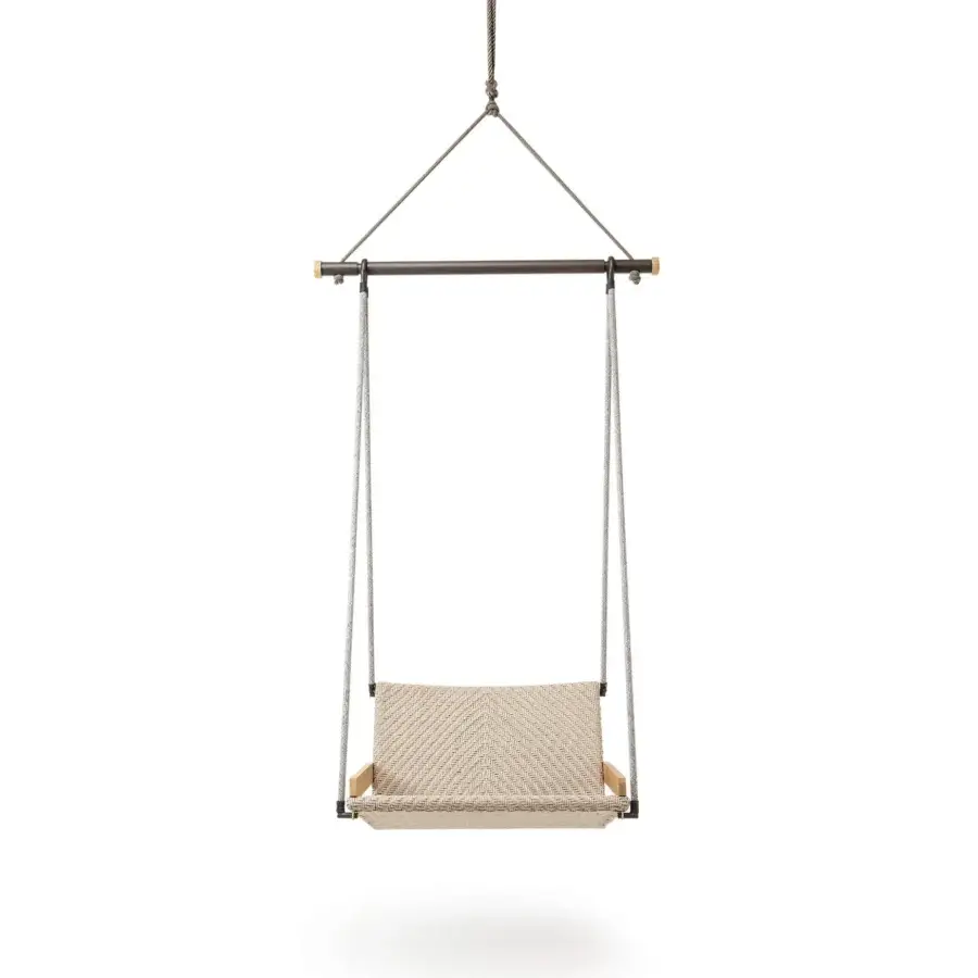 Distinguished Ethimo Allaperto Swing chair with neutral beige woven textile and satin metal frame accented with light natural wood caps