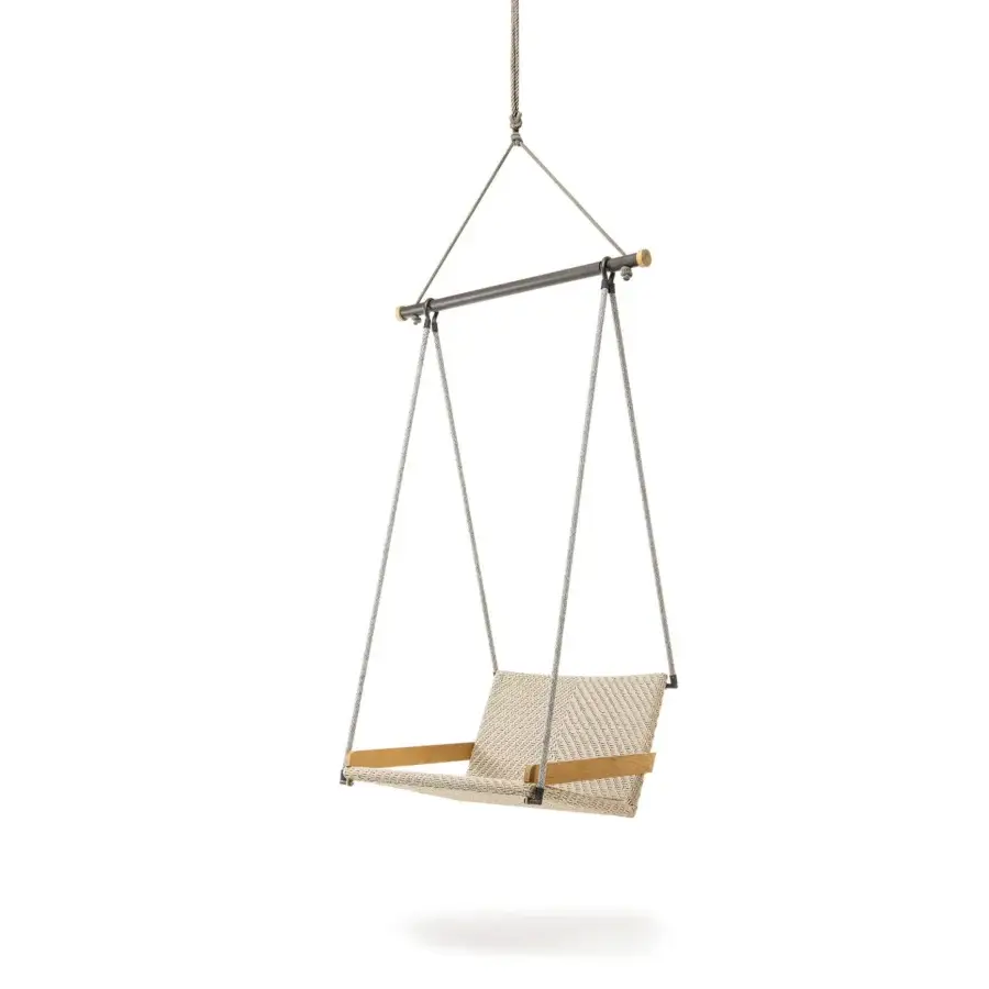 Superior Ethimo Allaperto Swing chair with neutral beige woven textile and satin-finish aluminum bar