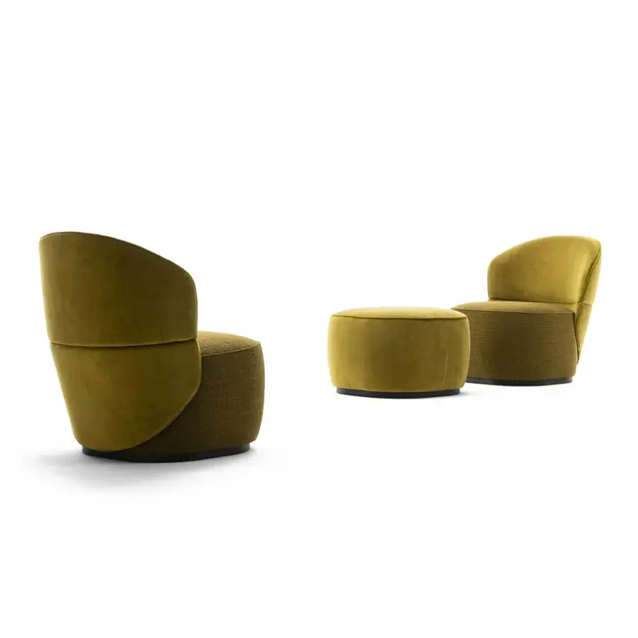 Lavish Zanaboni Alma lounge chair and pouf in textured matte velvet with gray-stained ash wood base