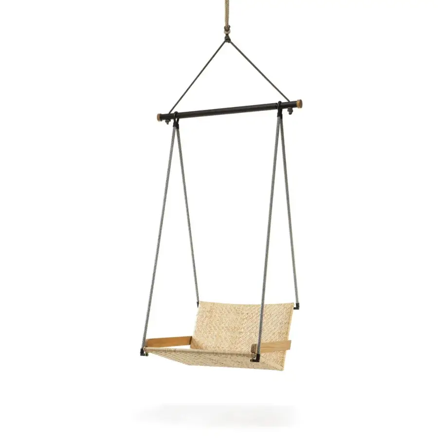 Distinguished Ethimo Allaperto Swing chair with woven seat and light-toned wooden frame built with dark metal accents and light gray ropes