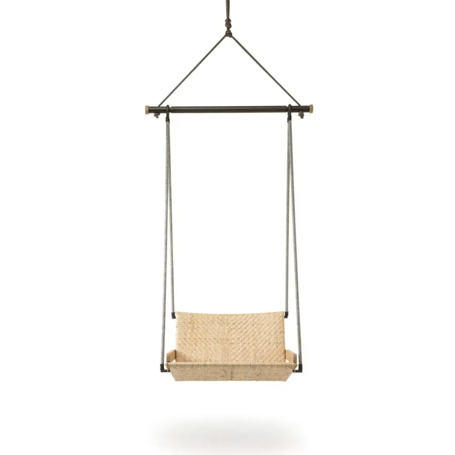 Harmonious Ethimo Allaperto Swing chair with woven seat and dark matte-finish metal ropes with wood