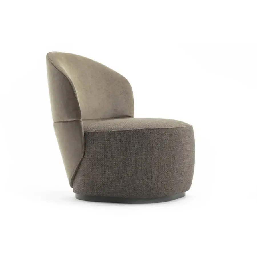 Exceptional Zanaboni Alma lounge chair with rounded form in muted olive green textured textile and gray-stained ash wood base
