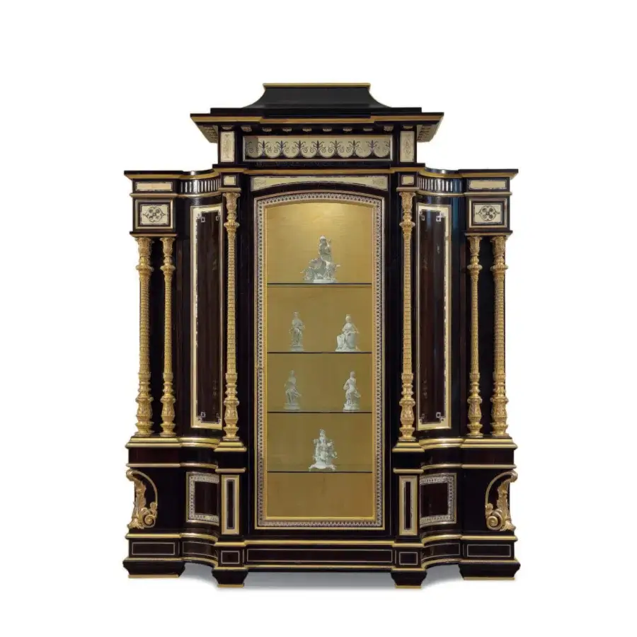Exquisite Armando Rho A1322 cabinet crafted in ebony and maple wood with gold detailing and mother-of-pearl inlays with glossy sheen