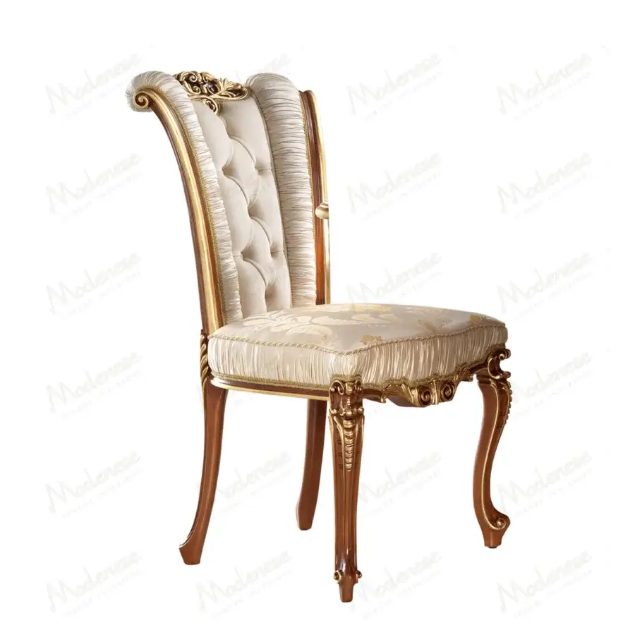 Lavish Modenese Royal Blend chair crafted in warm brown with cream and gold damask and pleated fabric upholstery