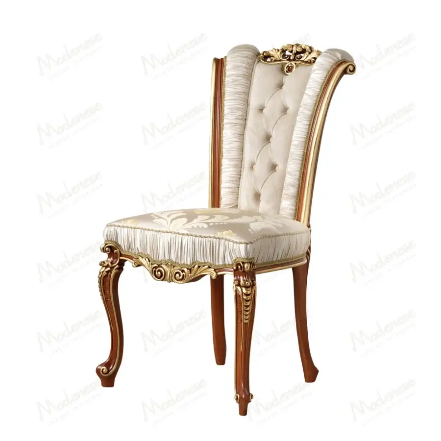 Superior Modenese Royal Blend chair in cream pleated fabric and reddish-brown wood with gold leaf detailing