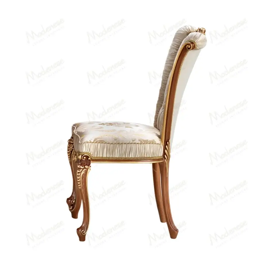 Exquisite Modenese Royal Blend chair crafted in warm brown with pleated and damask upholstery and gold leaf detailing