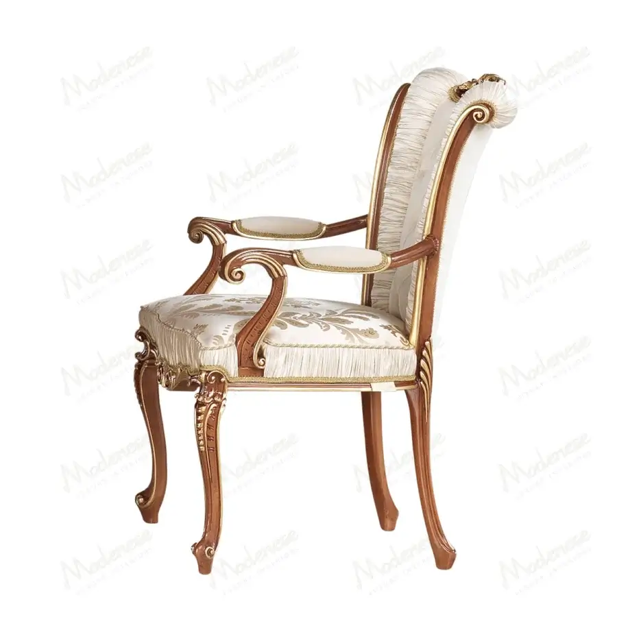 Distinguished Modenese Royal Blend chair crafted in reddish-brown wood with cream damask upholstery and gold leaf detailing