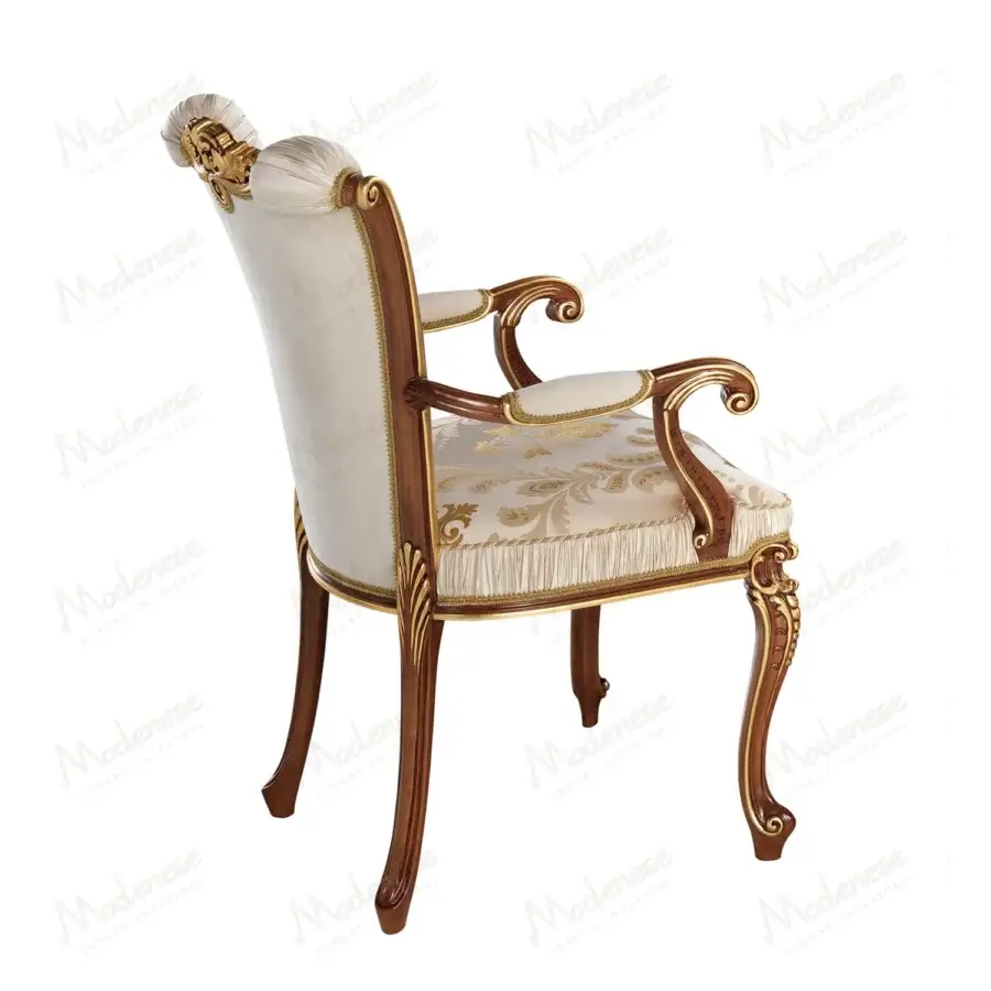 Lavish Modenese Royal Blend chair with pleated fabric, damask seat and gold leaf detailing in cream and gold