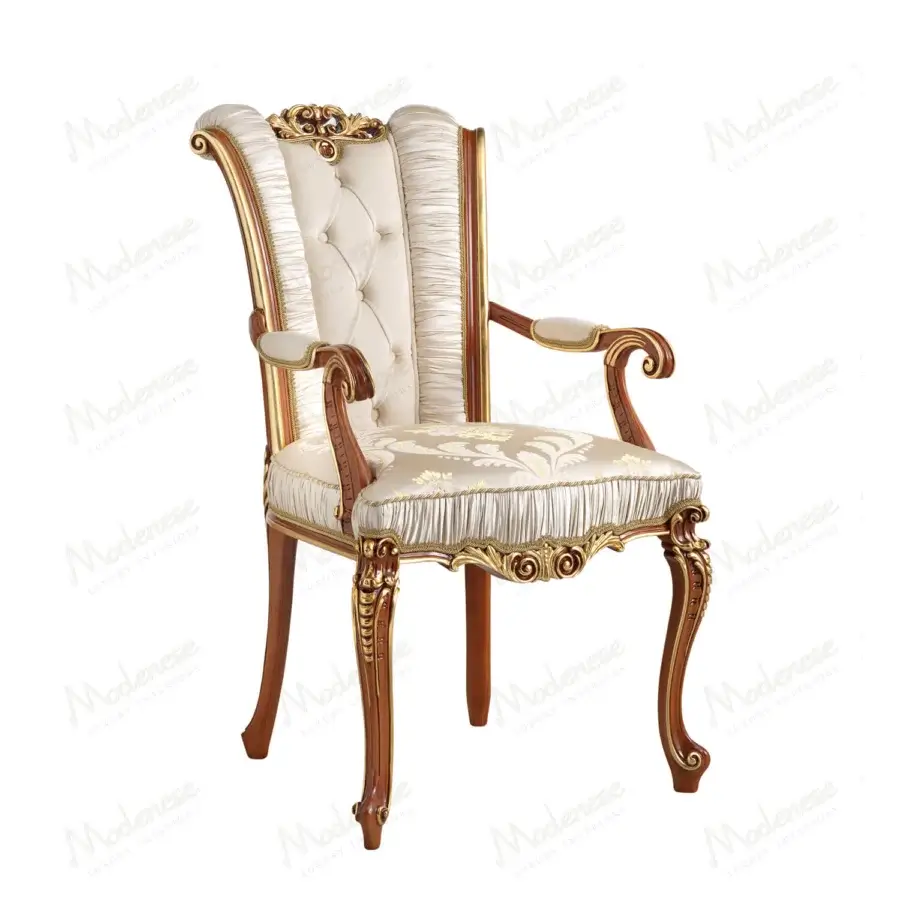 Superior Modenese Royal Blend chair crafted in reddish-brown wood with gold leaf detailing and luxurious damask upholstery