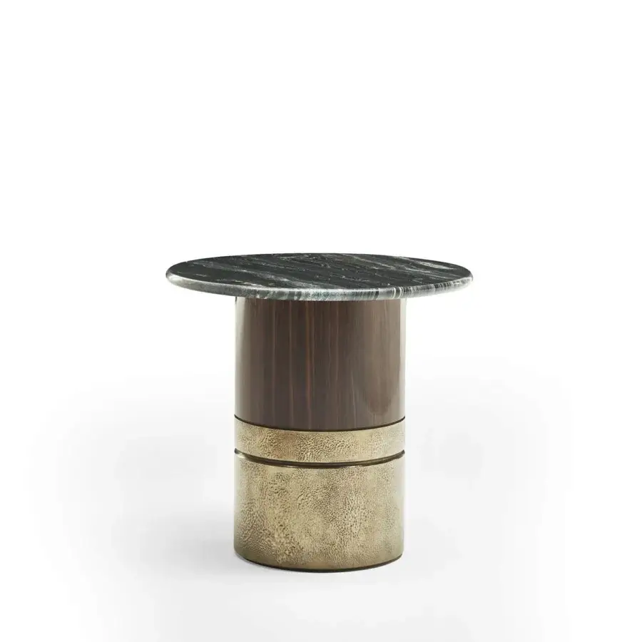 Exceptional Zanaboni Alma side & coffee table with striped rosewood, antique bronze metal and cool-toned marble top