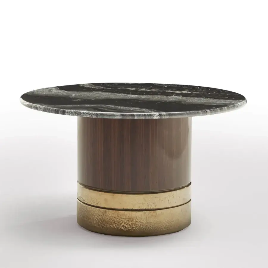 Distinguished Zanaboni Alma side & coffee table with glossy striped rosewood, cool-toned marble and grainy antique bronze metal finish