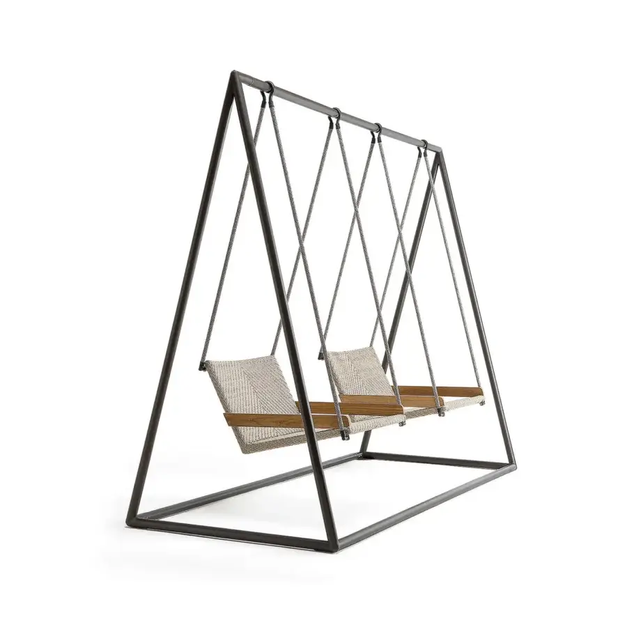 Elegant Ethimo Allaperto free-standing double swing with matte black metal frame and neutral beige woven textile seats crafted in medium-brown wood