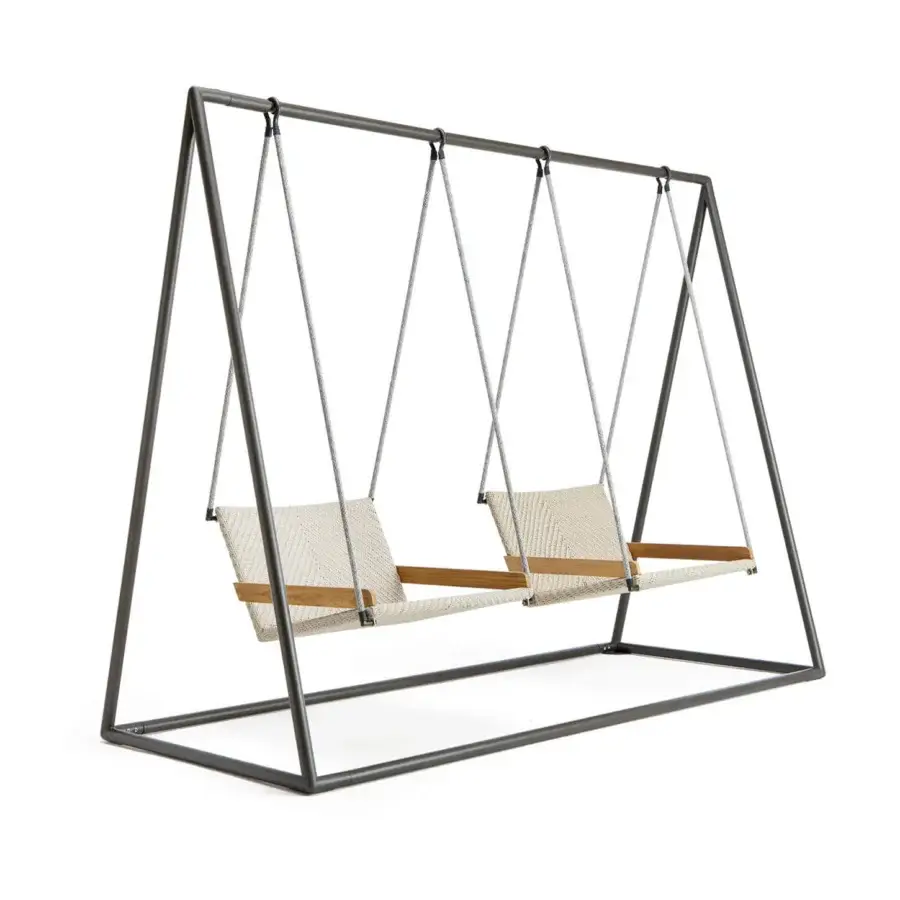 Exceptional Ethimo Allaperto free-standing double swing with dark matte metal frame and light wooden slats woven in textured beige textiles