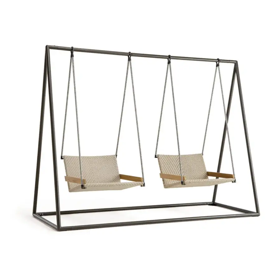 Distinguished Ethimo Allaperto free-standing double swing with dark gray metal frame and woven beige seats built in light-toned wood