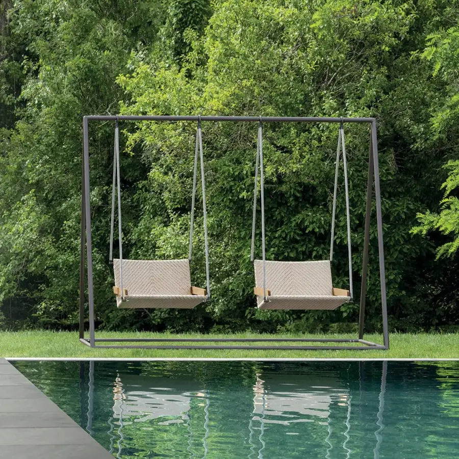 Sophisticated Ethimo Allaperto free-standing double swing with a dark gray metal frame and woven beige textile seats