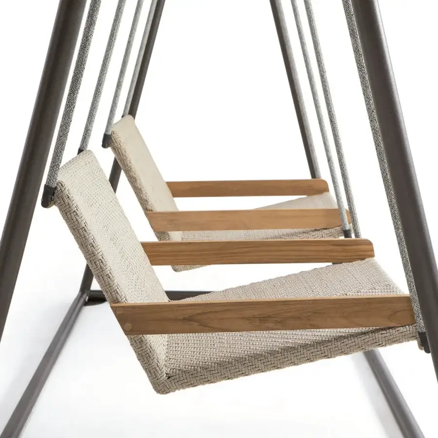 Sophisticated Ethimo Allaperto free-standing double swing with dark matte metal, woven warm-toned wooden slats and neutral beige textile