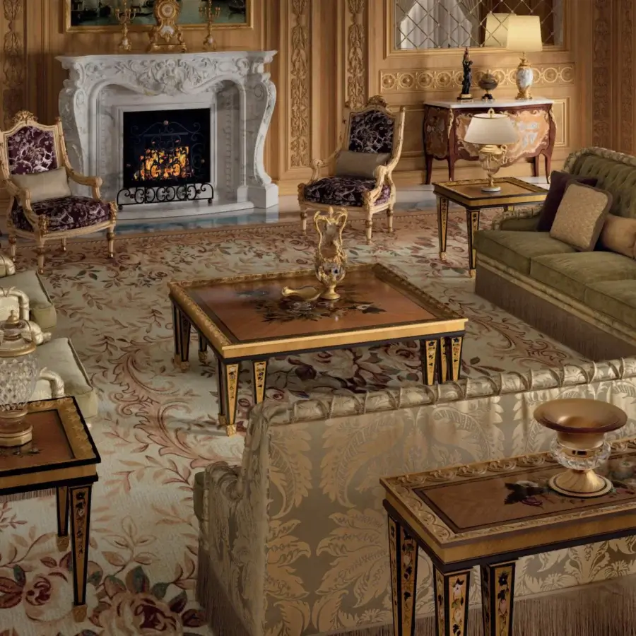 Refined Armando Rho A1431 coffee table crafted in walnut and oak wood with multicolor mother-of-pearl inlays and gilded edges